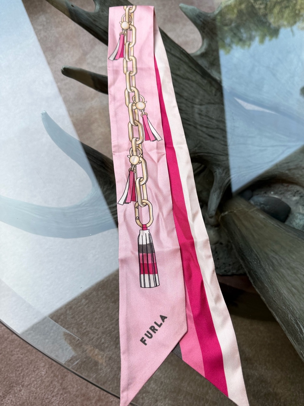 Furla Pink Silk Chain & Tassel Print Twilly Scarf